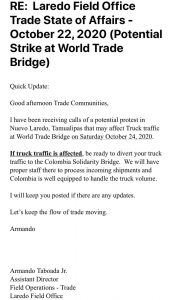 Potential strike at world trade bridge notification letter